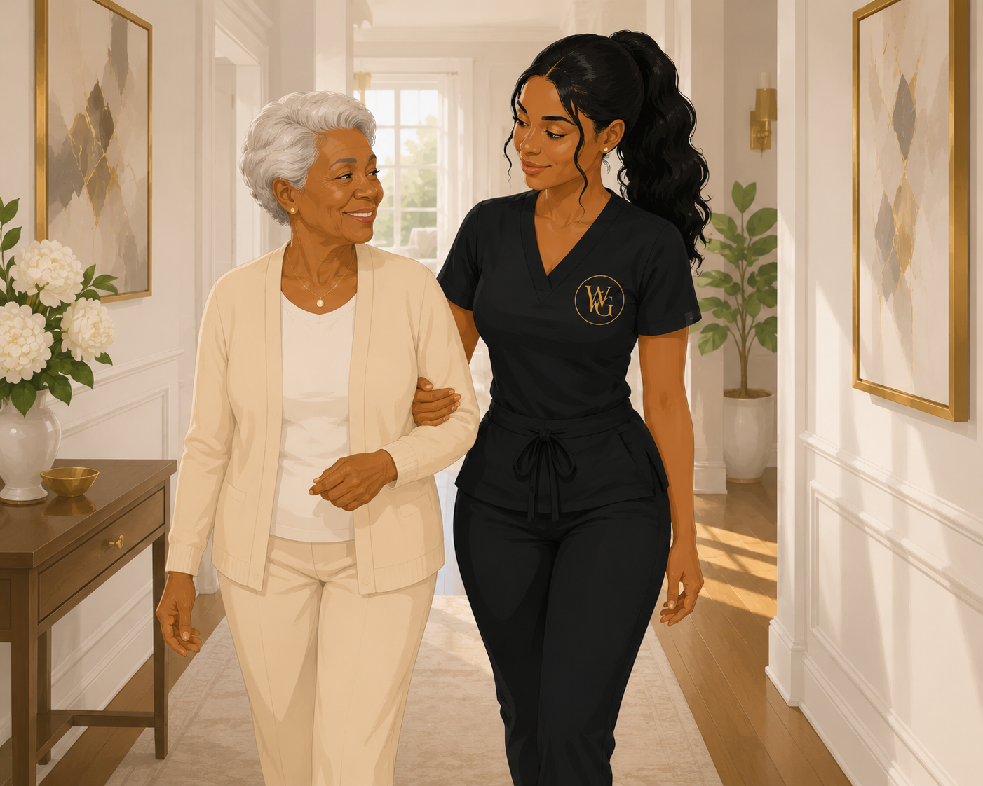 White Glove nurse supporting a senior at home